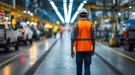 A man in orange vest walking down a factory floor, AIの素材