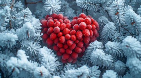 A heart shaped red berries are surrounded by white snow, AIの素材
