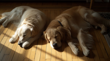 Two dogs sleeping on the floor in a room with sunlight, AIの素材