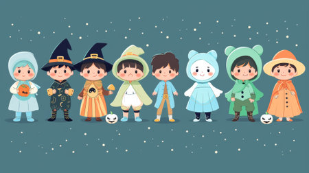 A group of children dressed in halloween costumes are standing next to each other, AIの素材