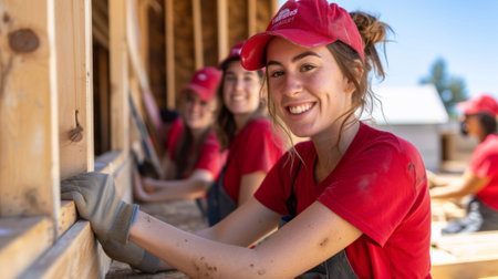 A group of women in red shirts and hats working on a house, AIの素材