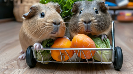 Two guinea pigs sitting on top of a metal cart filled with vegetables, AIの素材