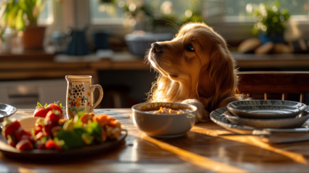 A dog sitting at a table with food and drink on it, AIの素材