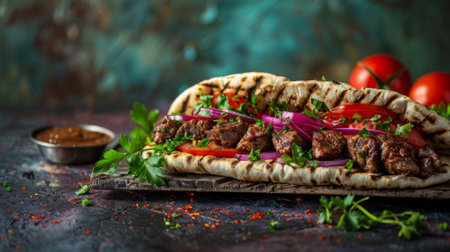 A sandwich with meat, tomatoes and onions on a wooden board, AIの素材