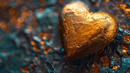 A gold heart shaped object sitting on a blue and green background, AIの素材