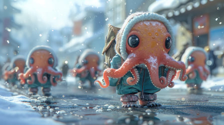 A group of small octopus figures are walking down a street, AIの素材