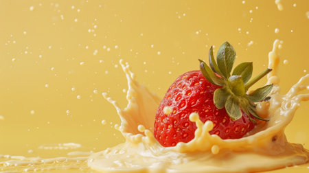 A strawberry is being splashed with milk and cream, AIの素材