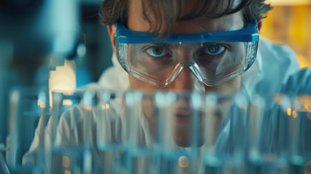 A man in goggles looking at something behind a glass, AIの素材