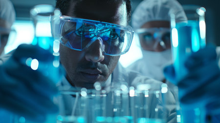 A man in lab coat holding a test tube with liquid inside, AIの素材