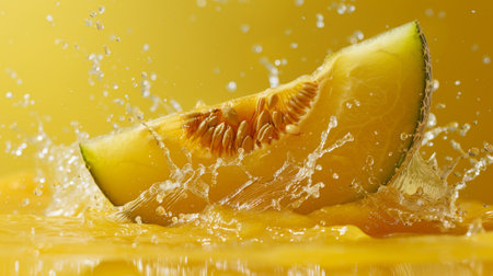 A slice of melon is being splashed with water, AIの素材