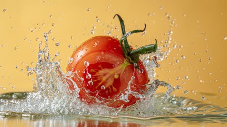 A tomato is being splashed with water in a glass bowl, AIの素材