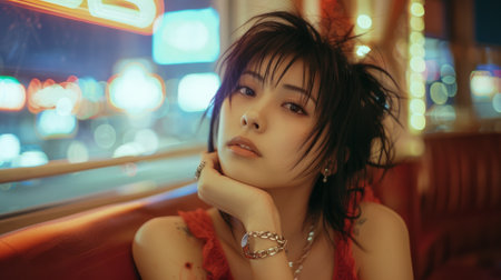 A woman with short hair sitting on a red couch, AIの素材