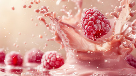 A close up of a raspberry being splashed with milk, AIの素材