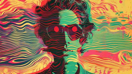 A woman with sunglasses and a psychedelic background, AIの素材