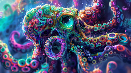 An octopus with many tentacles and eyes painted in a colorful style, AIの素材