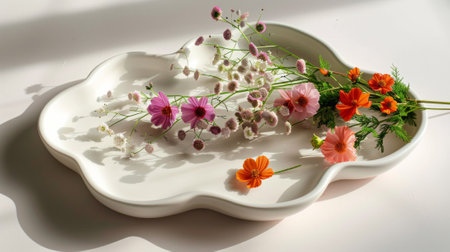 A white plate with flowers on it sitting next to a table, AIの素材