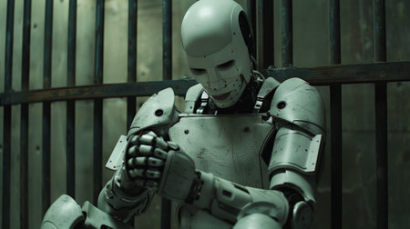 A robot sitting in a jail cell with his hands folded, AIの素材