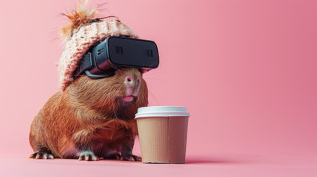 A guinea pig wearing a hat and drinking coffee, AIの素材