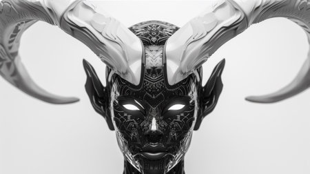 A black and white photo of a sculpture with horns, AIの素材