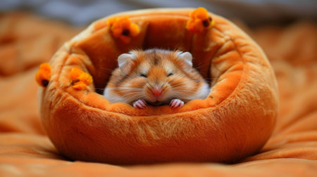A small hamster is sitting in a little orange ball, AIの素材