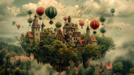 A small village with many hot air balloons floating in the sky, AIの素材