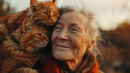 An older woman with two cats on her head, AIの素材