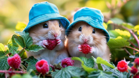 Two small rodents wearing hats eating raspberries in a field, AIの素材