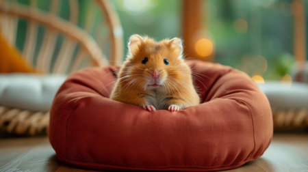 A small brown and white hamster sitting in a red bean bag, AIの素材