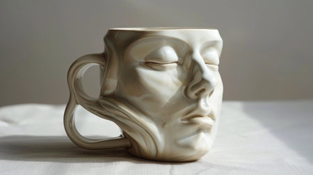 A white ceramic mug with a face on it sitting in the middle of a table, AIの素材