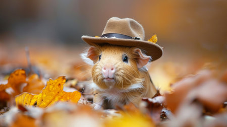 A small brown and white guinea pig wearing a hat in the leaves, AIの素材