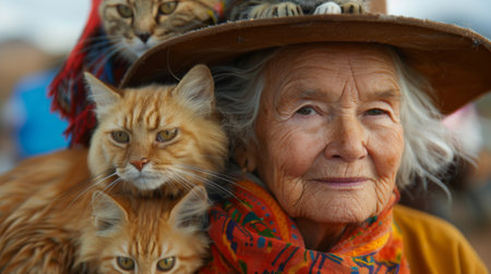 An older woman with a hat on top of her head and three cats, AIの素材