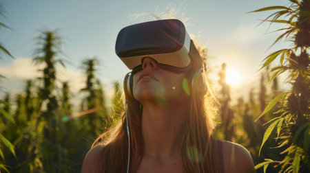 A woman wearing virtual reality glasses in a field of marijuana plants, AIの素材