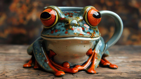 A ceramic mug with a frog sitting on top of it, AIの素材