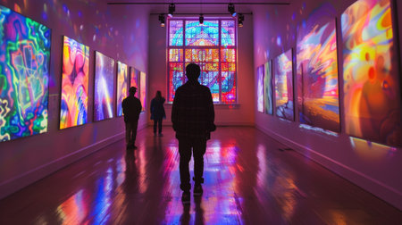 A man walking through a room with colorful paintings on the walls, AIの素材