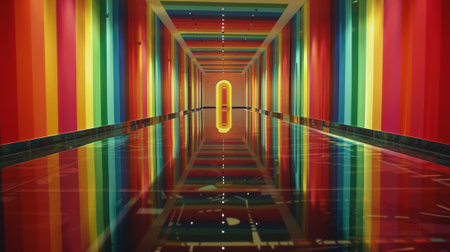 A long hallway with a mirror on the wall and rainbow stripes, AIの素材