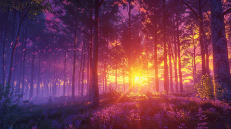 A forest with purple flowers and a sunset in the background, AIの素材