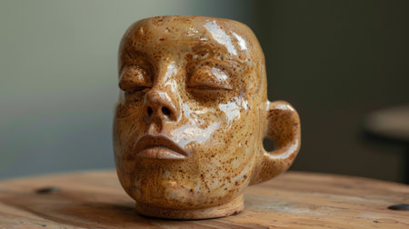 A close up of a ceramic face on top of wooden table, AIの素材