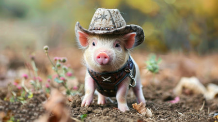 A small pig wearing a cowboy hat and riding on the ground, AIの素材