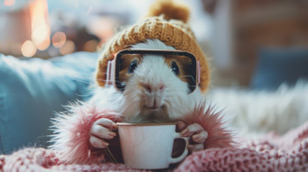 A guinea pig wearing glasses and holding a cup of coffee, AIの素材