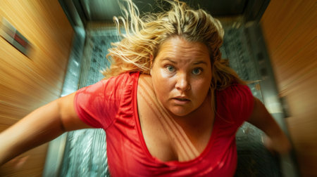 A woman in a red shirt is riding an escalator, AIの素材