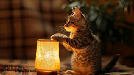 A kitten sitting on a bed with its paw up next to the lamp, AIの素材