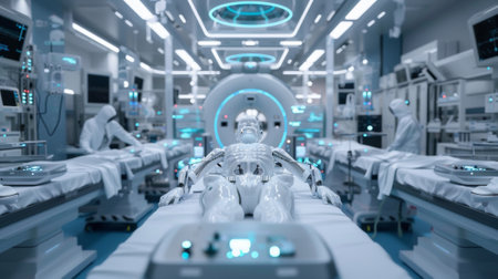 A futuristic medical facility with a robot in the middle of it, AIの素材
