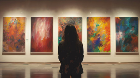 A woman looking at art in a museum with four paintings on display, AIの素材