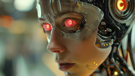 A close up of a woman with glowing eyes and metal face, AIの素材