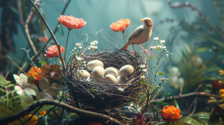 A bird is sitting on a nest with eggs in it, AIの素材