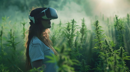 A woman wearing virtual reality glasses in a field of marijuana, AIの素材