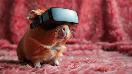 A guinea pig wearing a virtual reality headset on top of pink fur, AIの素材