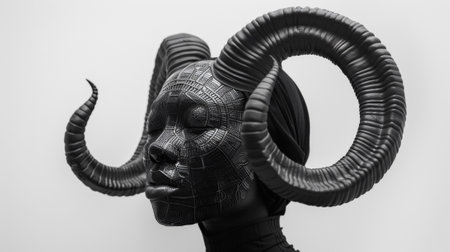 A black and white photo of a sculpture with horns, AIの素材