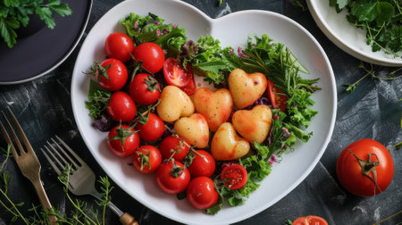 A heart shaped plate of tomatoes and lettuce with a fork, AIの素材