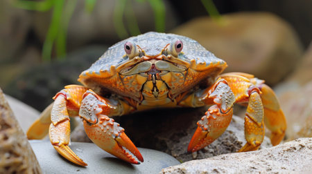 A crab with orange and white markings sitting on a rock, AIの素材